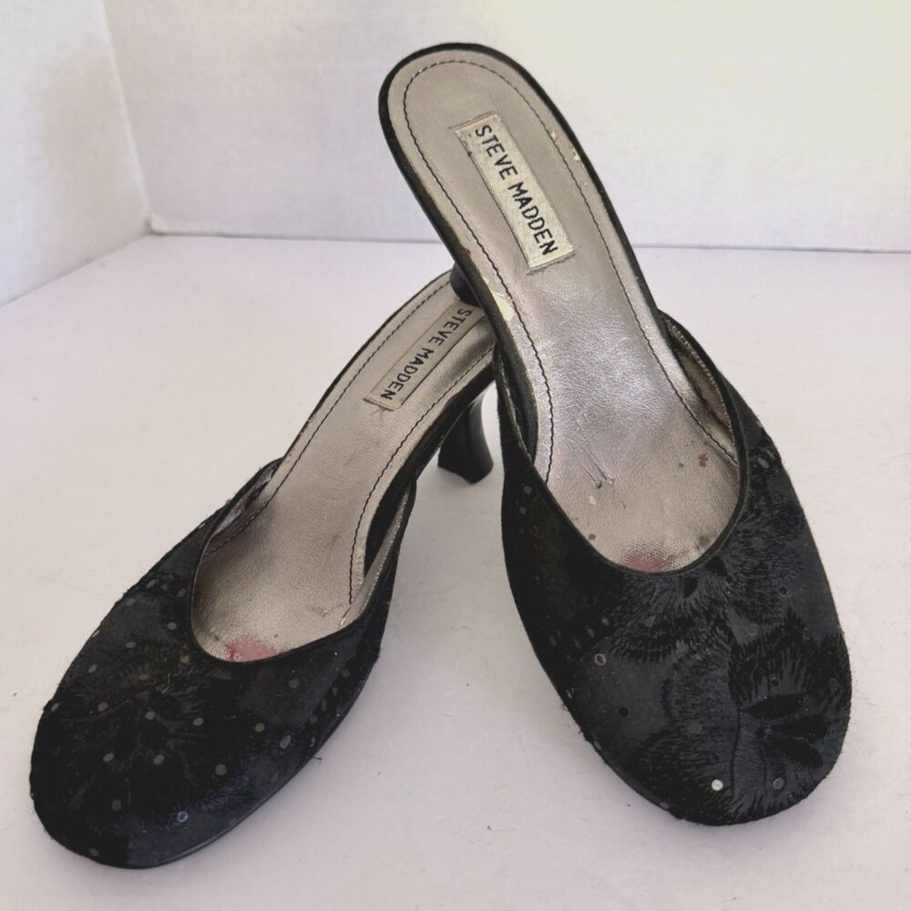 VTG 90s Steve Madden, Black Embroidered Beaded Kitten Heel Mules, 7 Whimsigoth